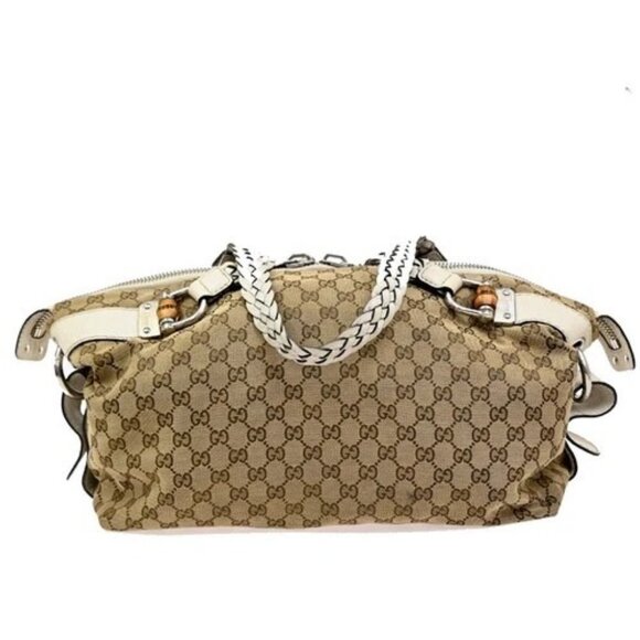 GUCCI Logo GG Pattern Bamboo Shoulder Bag Canvas Leather Brown White SHW 80EG214 - Picture 3 of 15
